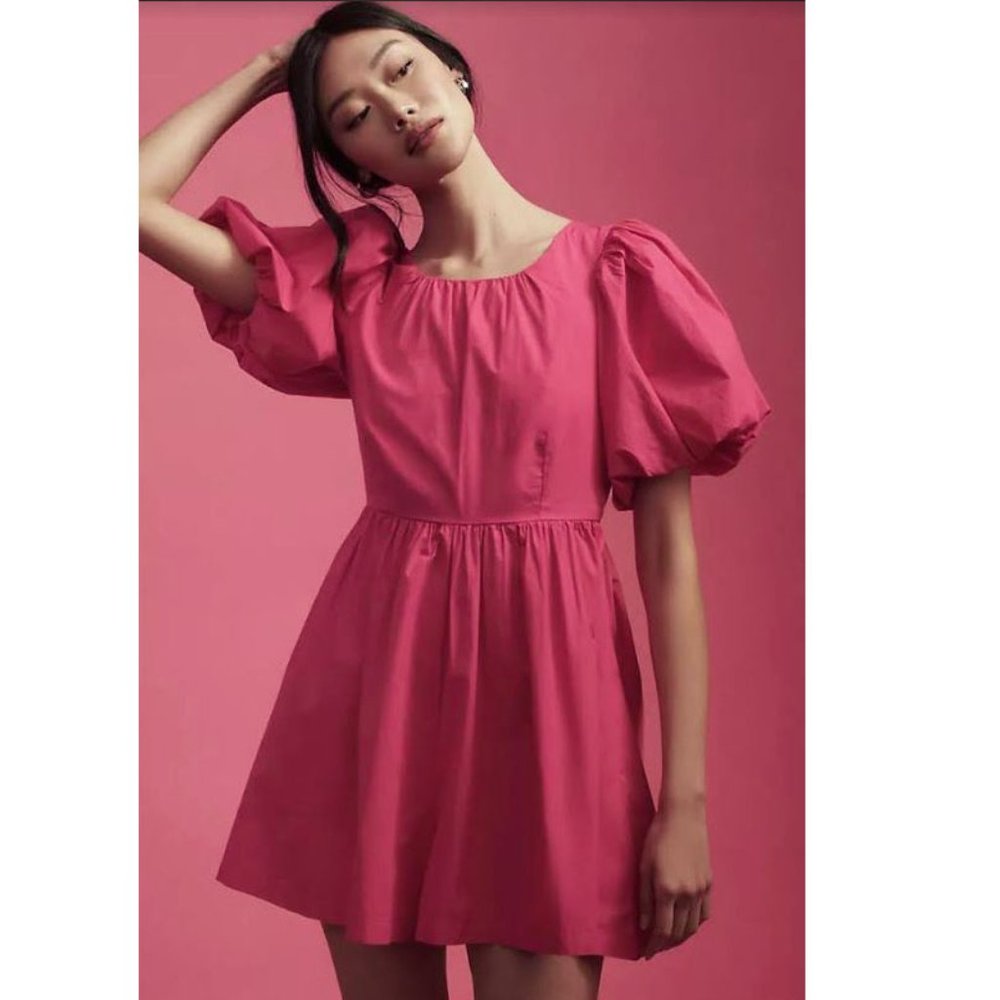 Anthropologie Pink Puff-Sleeve Mini Dress